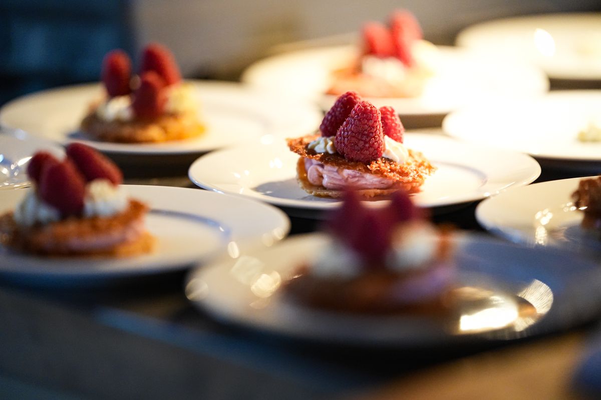 Plated desserts at a company dinner
